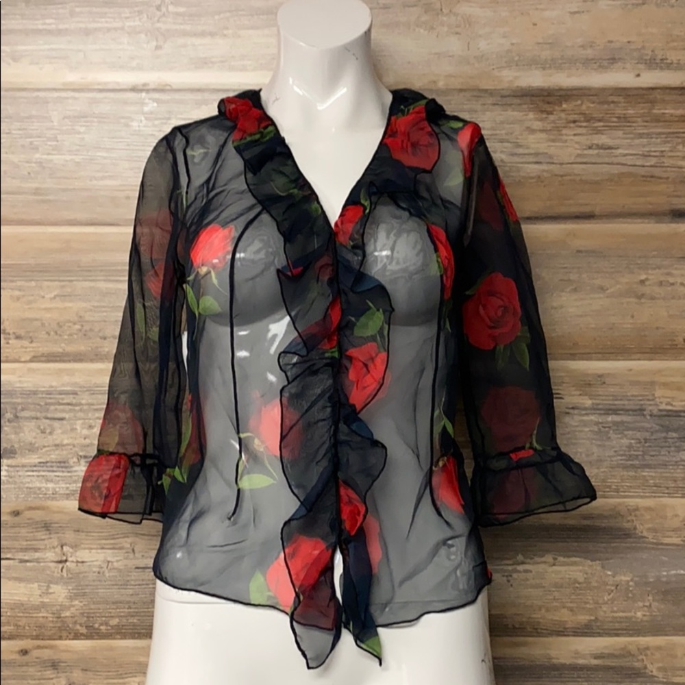 Devan Sheer Rose Ruffle Blouse NWT